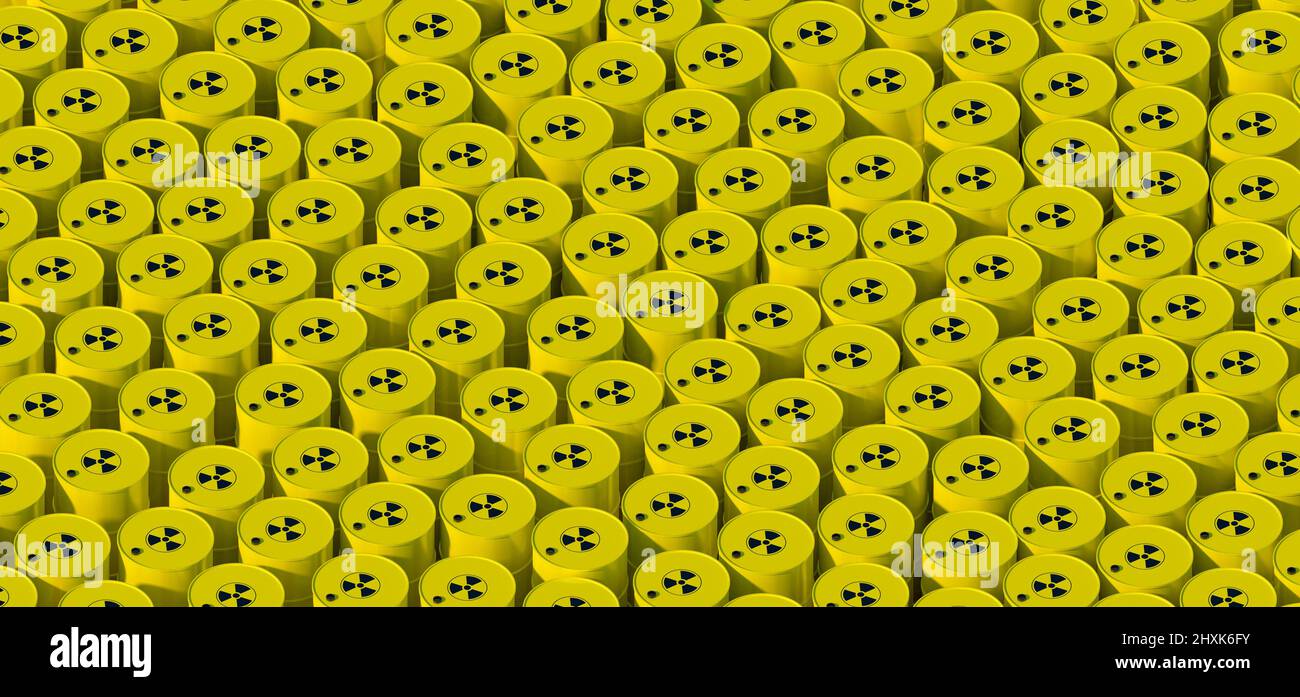 Dumping of yellow radioactive waste barrels with black Radioactive Warning Symbol. 3D rendered axonometry illustration Stock Photo
