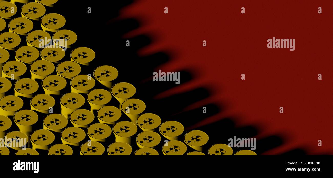Dumping of yellow radioactive waste barrels with black Radioactive Warning Symbol on Red background with hard shadows. 3D rendered axonometry illustra Stock Photo