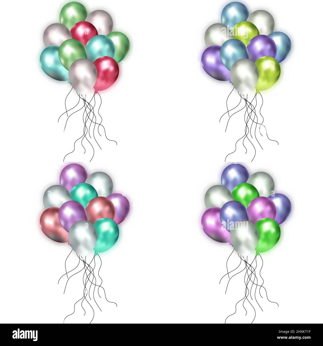 Balloons 3D bunch set, thread, isolated white background. Color glossy ...