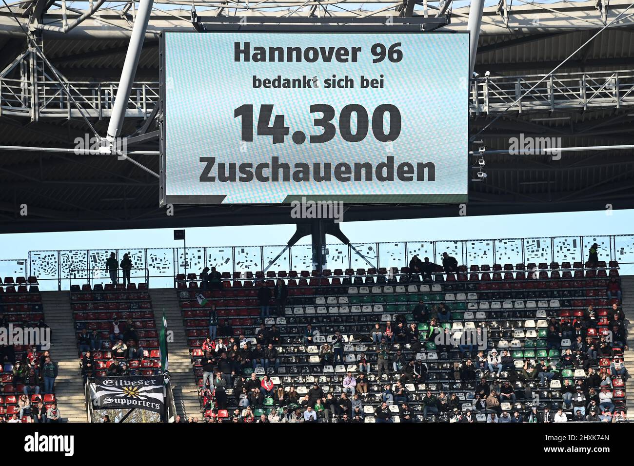 Hanover, Germany. 13th Mar, 2022. Soccer: 2nd Bundesliga, Hannover 96 - 1.  FC Nürnberg, Matchday 26 at the HDI Arena. The scoreboard shows the number  of spectators at 14,300. Credit: Swen Pförtner/dpa -