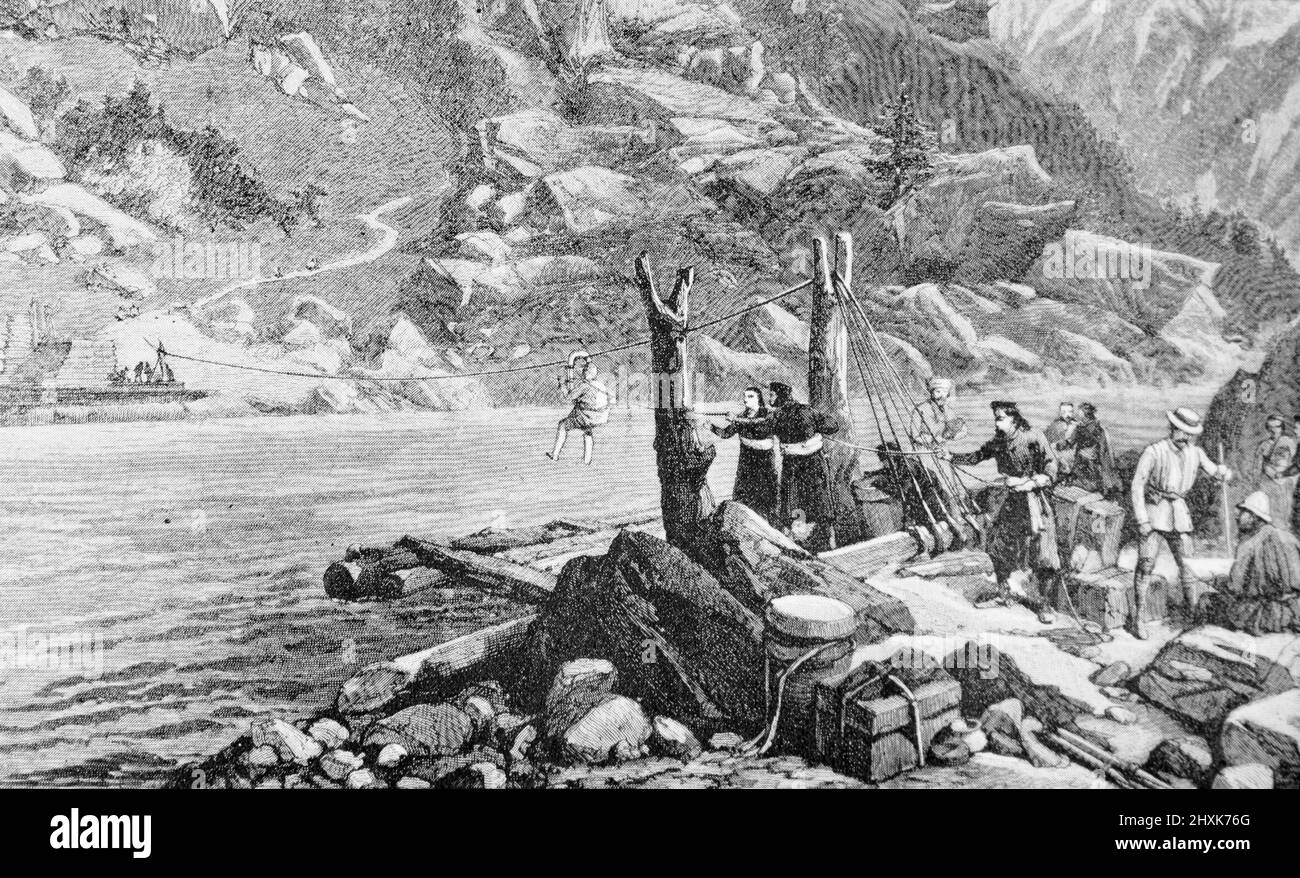 A rope bridge in the Himalayas; Black and White Illustration; Stock Photo