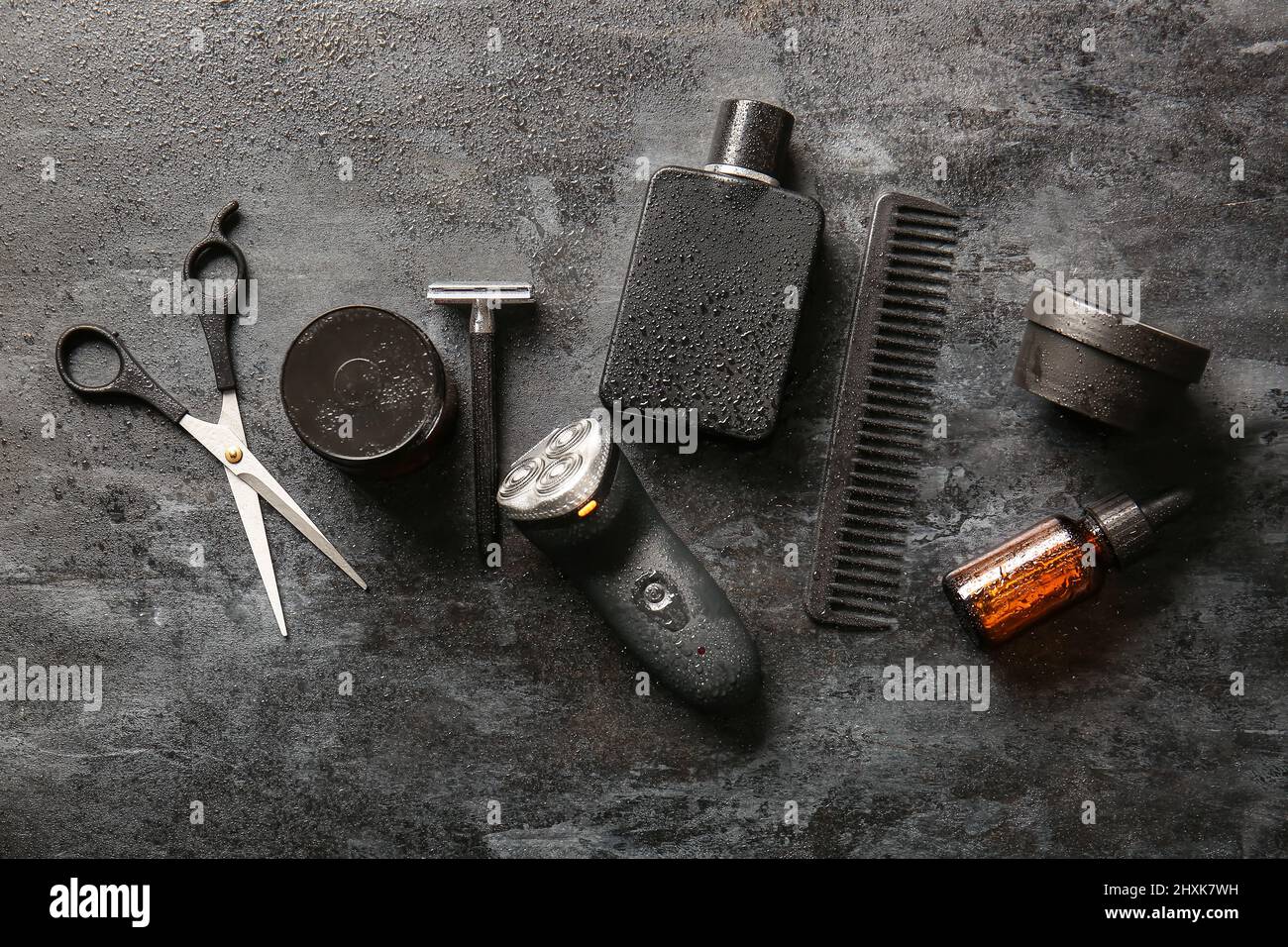 Set of male accessories for shaving on black background Stock Photo - Alamy
