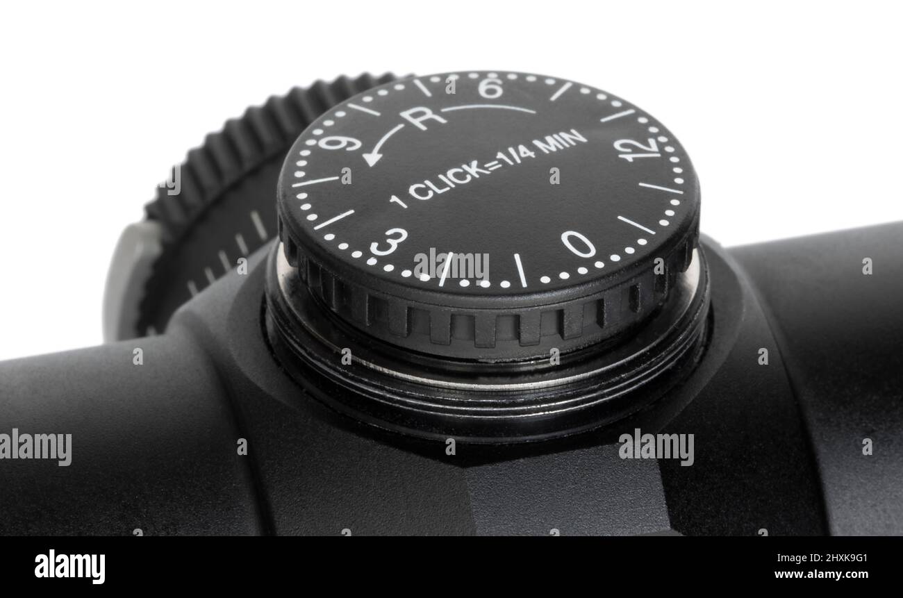 Windage dial on a rifle scope with quarter minute of angle clicks Stock
