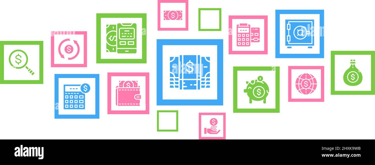 Money and Banking icons infographic banner. Credit Card, Currency ...