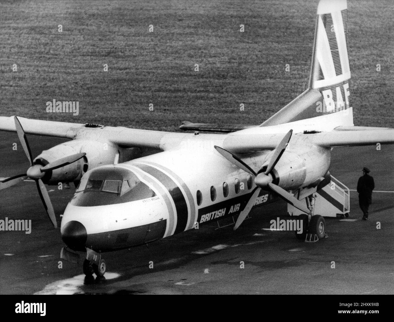 A Handley Page Dart Herald airliner of British Air Ferries on charter to Dan-Air on the apron at Newcastle Airport after it had been invovled in a full scale emergency alert after a wheel brake failsafe light had lit up, on its outward flight to Stavanger.    27th March, 1977. Stock Photo
