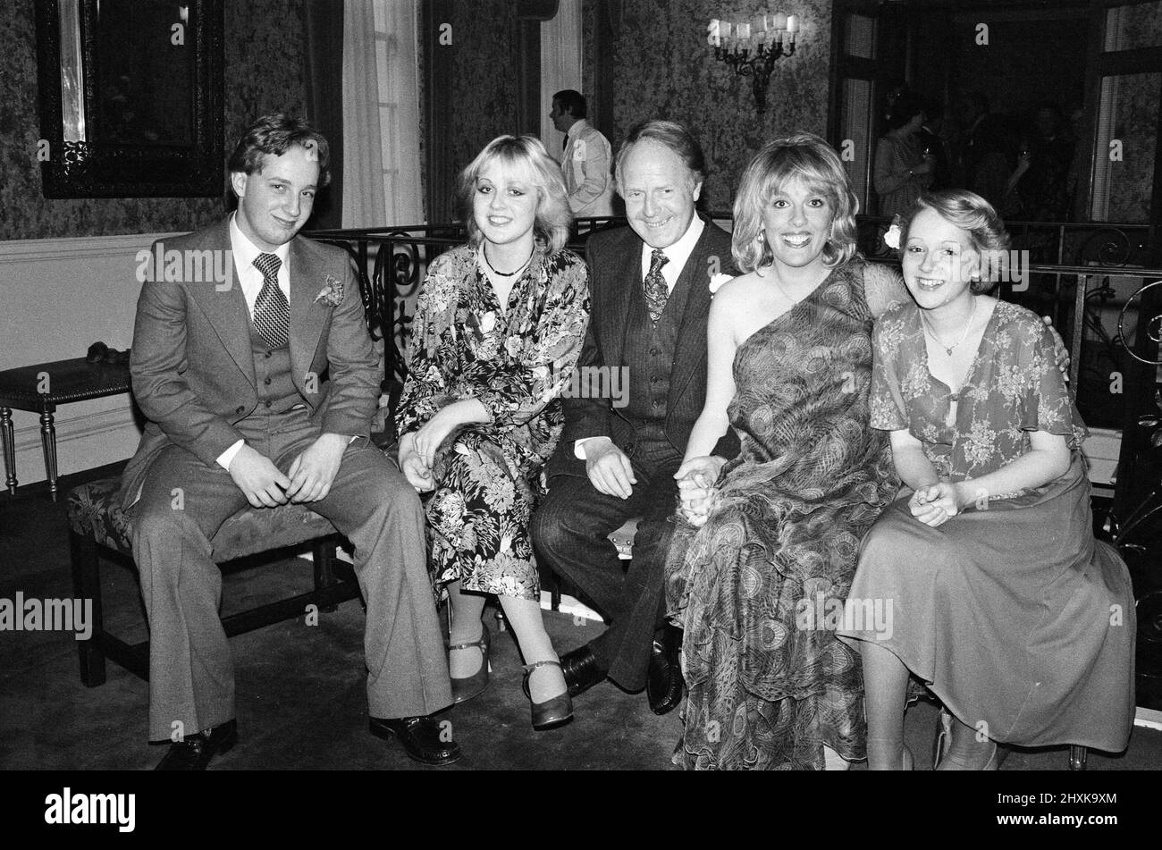 Esther Rantzen and Desmond Wilcox at their wedding reception in Knightsbridge. They are pictured with his three children, Adam, 17, Cassandra, 19, and Clair, 17 (twin to Adam). Esther is expecting a baby in January. 2nd December 1977. Stock Photo