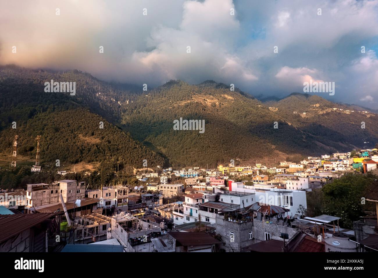 View of Todos Santos and the Cuchumatán range,  Todos Santos Cuchumatán, Huehuetenango, Guatemala Stock Photo