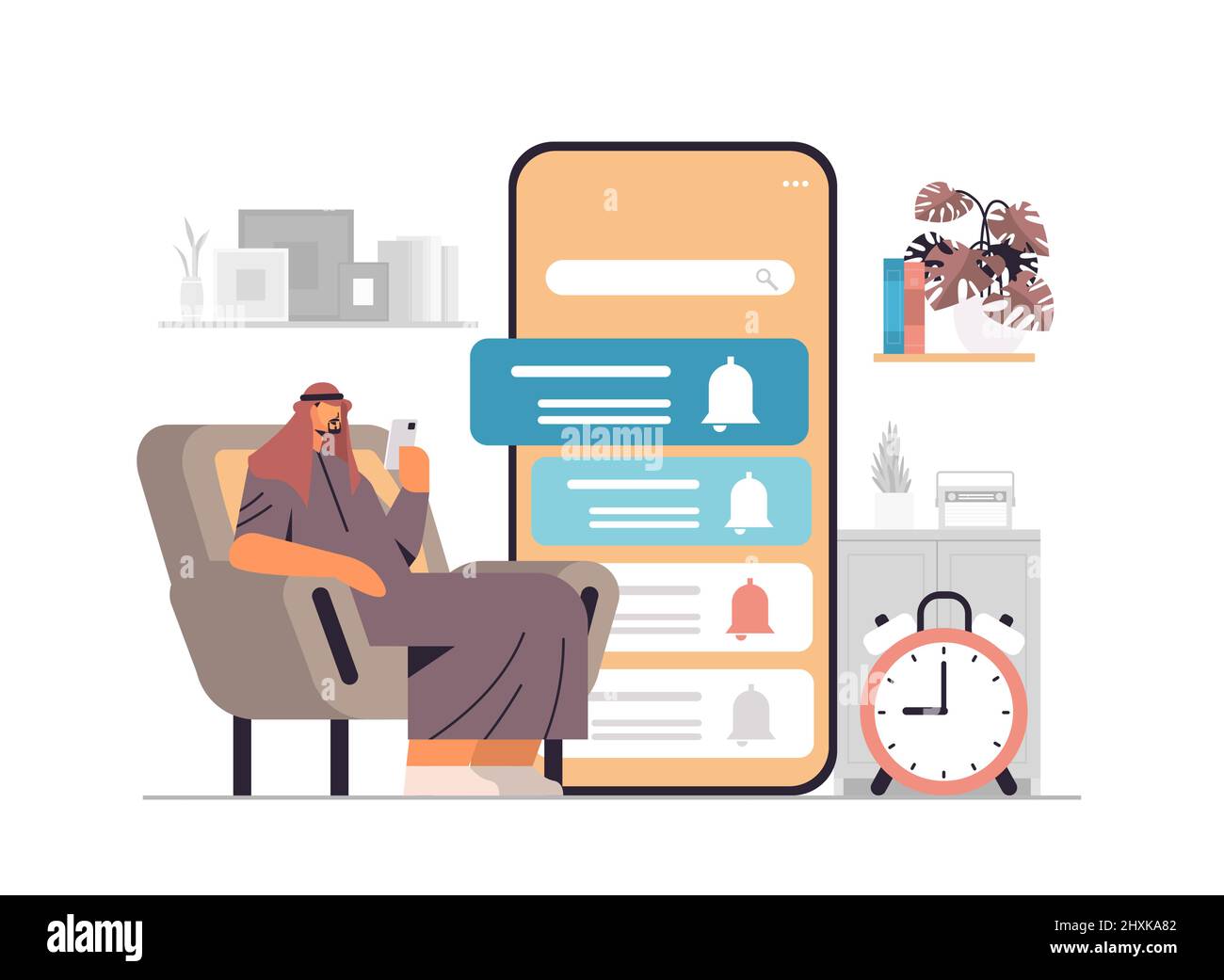 man programming time reminder alarm on smartphone screen office day planner notification schedule application Stock Vector