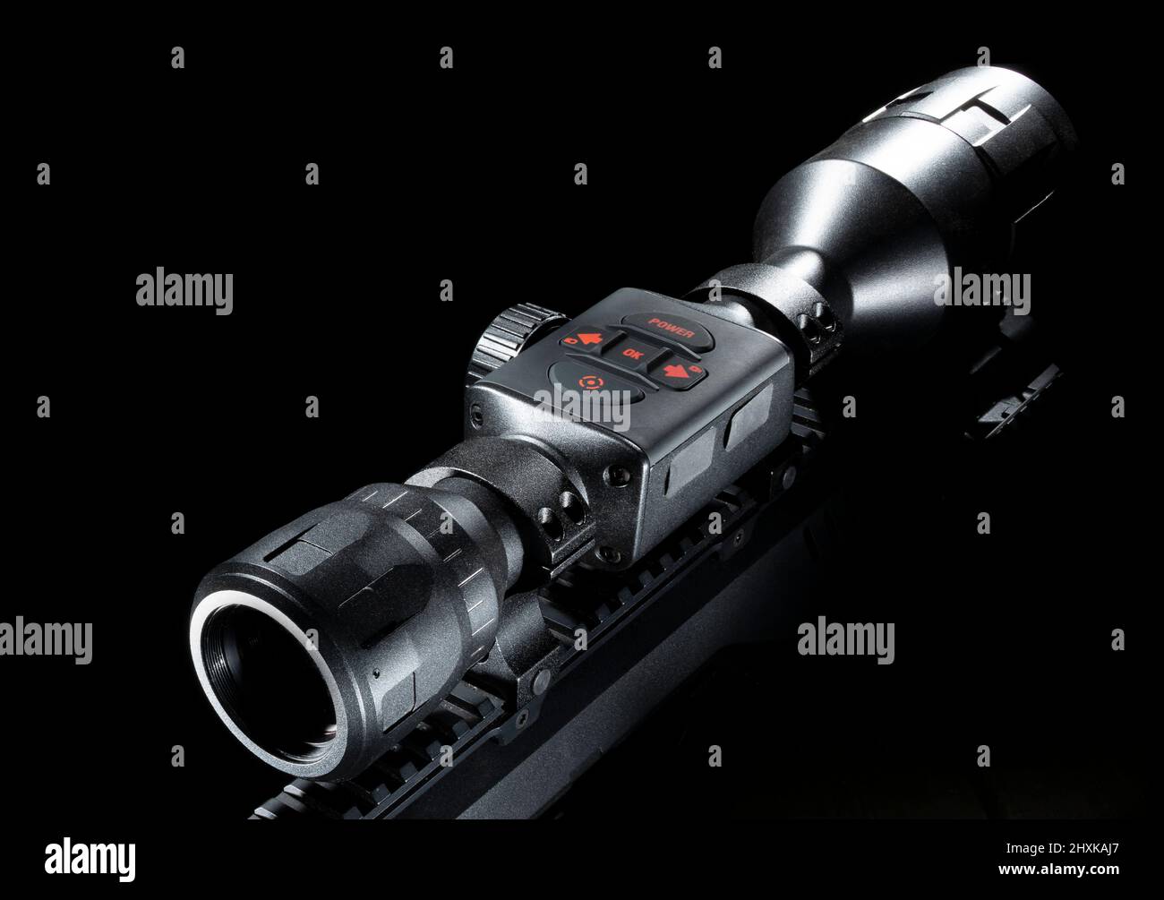 Thermal night vision rifle scope on a gun with copy space Stock Photo