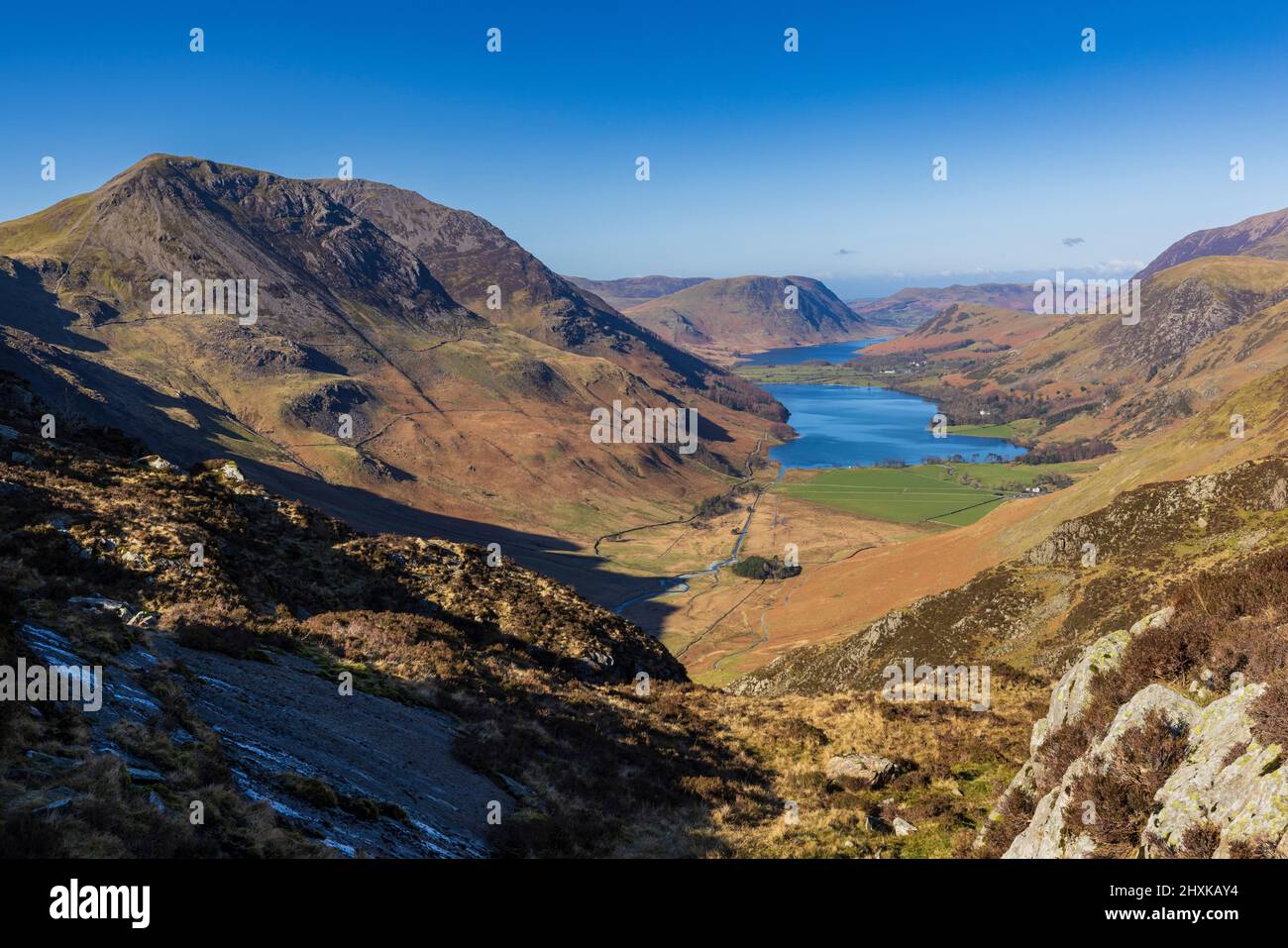 Buttermere and Crummock Water from the Buttermere Fells in winter, Lake District, England Stock Photo