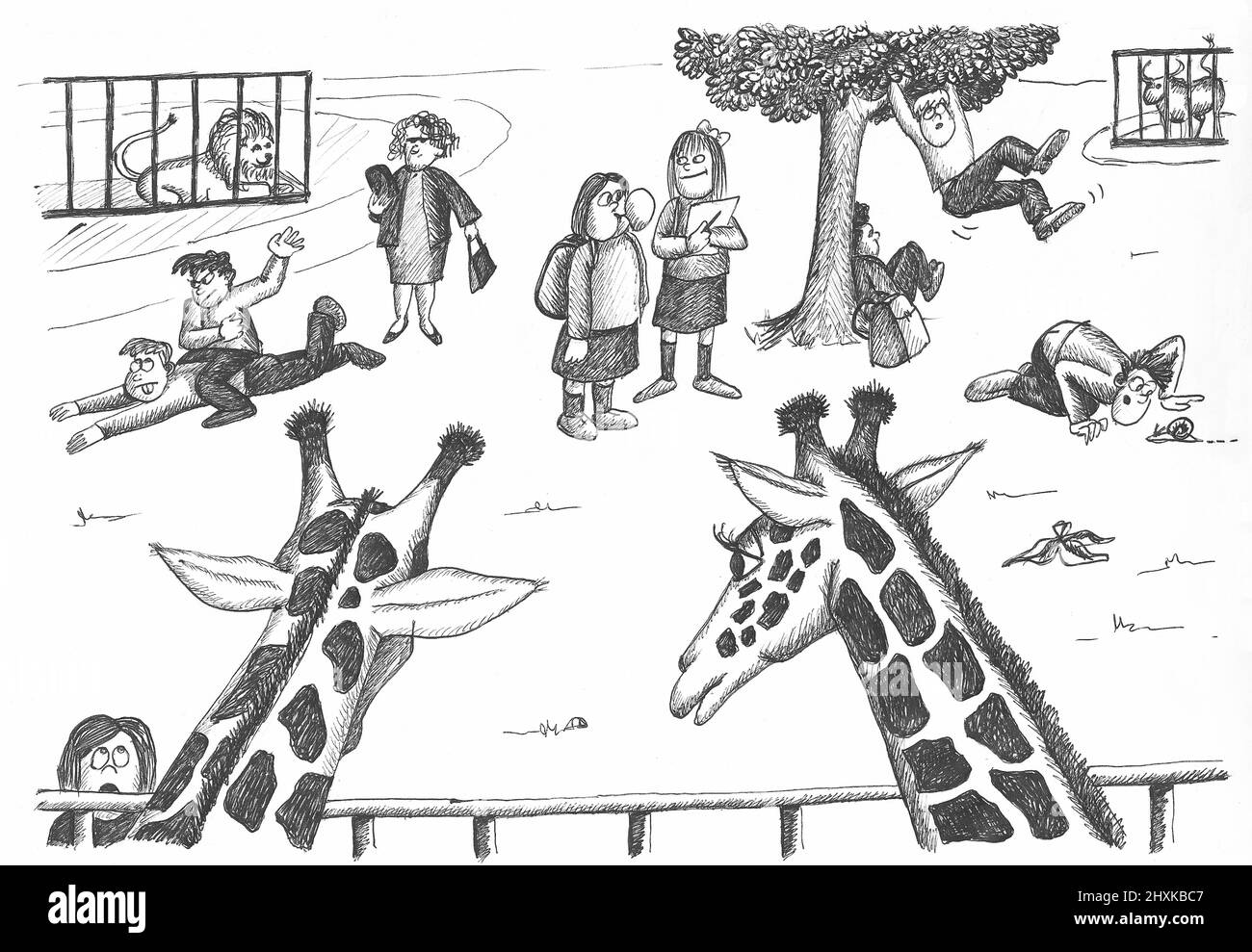 Group of students visiting the zoo. Illustration. Stock Photo