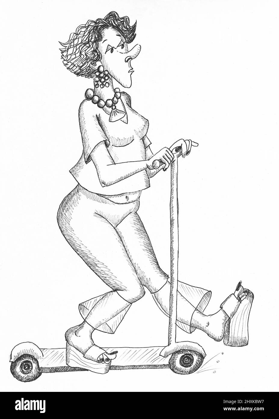 Woman riding a scooter. Illustration. Stock Photo