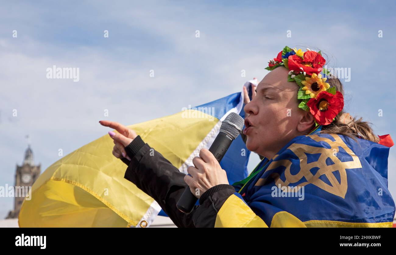 The Mound, Edinburgh, Scotland, UK. 13th March 2022. Protest and solidarity for Ukraine against the invasion from Russian miltary which began on 24th February 2022. Pictured: Alla from Ukraine gives a speech. Credit Archwhite/alamy live news Stock Photo