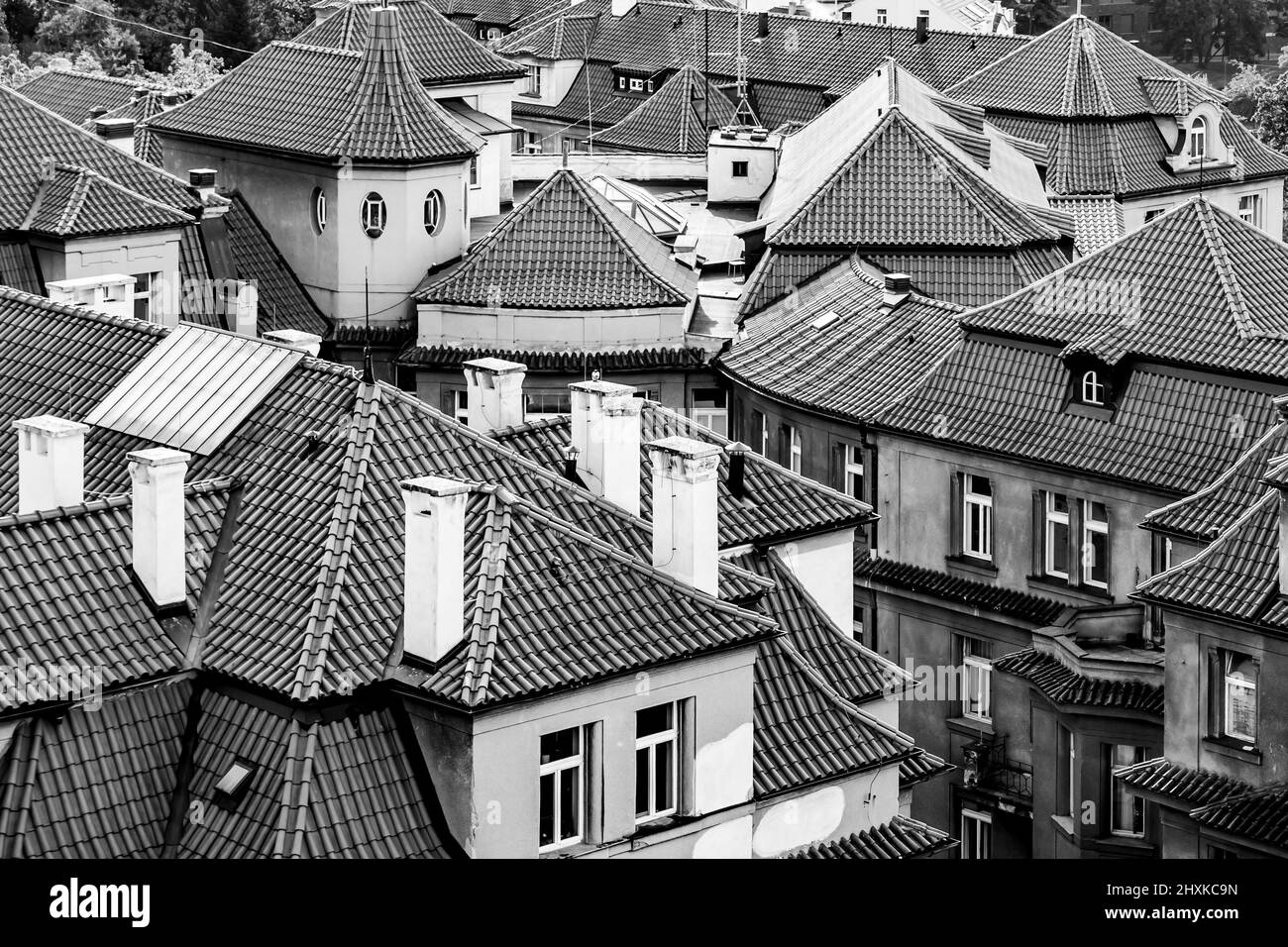 Vief of tiled roofs in Prague, Czech Republic. Black and white photography Stock Photo
