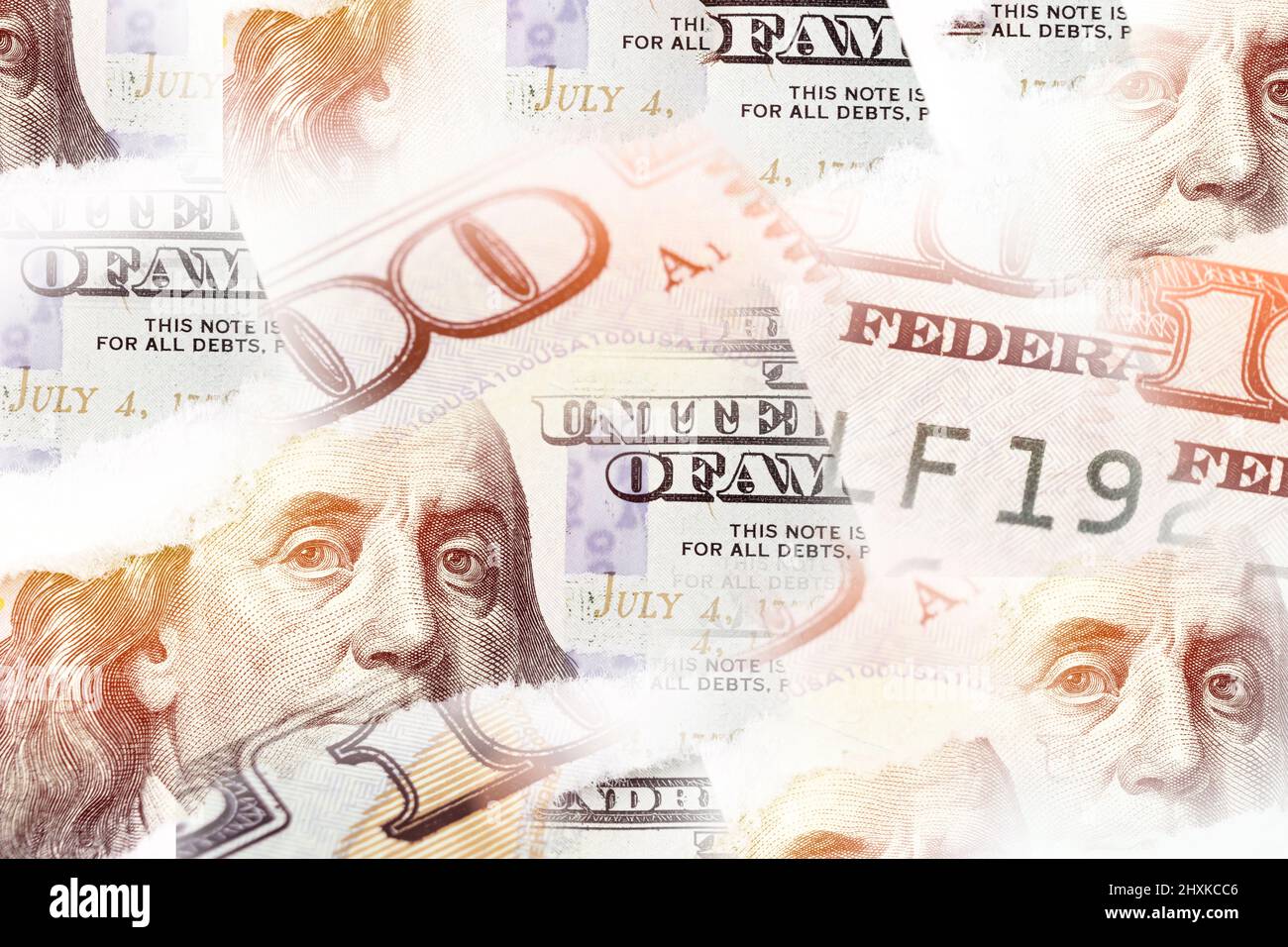 United states hundred dollars money bill collage. Hundred dollars bill fragment on macro. 100 Stock Photo