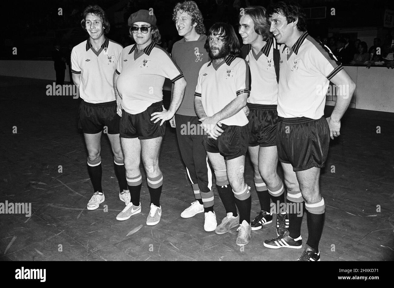 Elton John pictured in Wembley during a 5 a side football match, which Elton's team won. Empire Pool, Wembley. 6th November 1977. Stock Photo