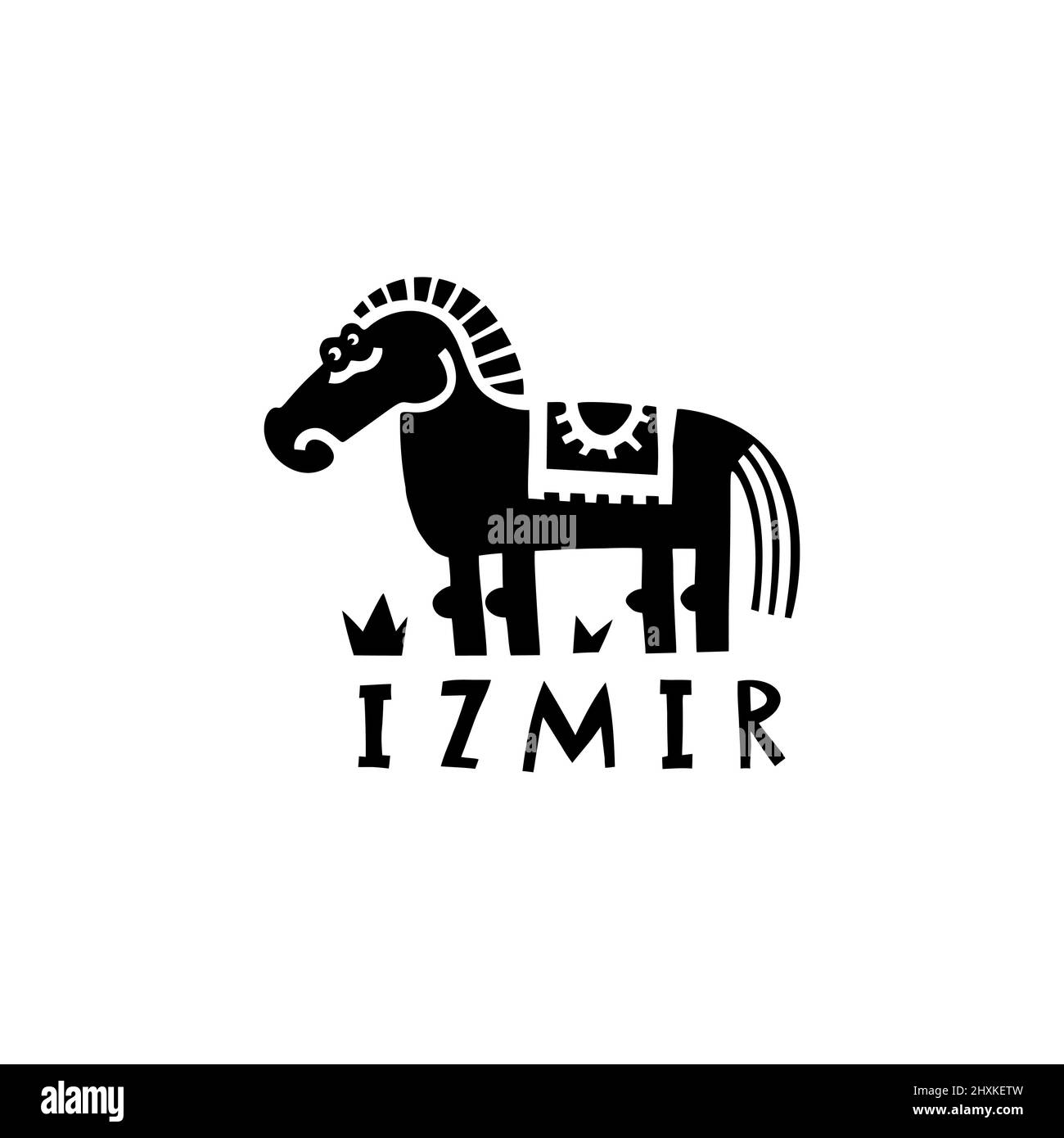 Vector hand drawn symbol of Izmir. Travel illustration of Republic of Turkey. Hand drawn lettering trojan horse illustration. Turkish ancient landmark Stock Vector