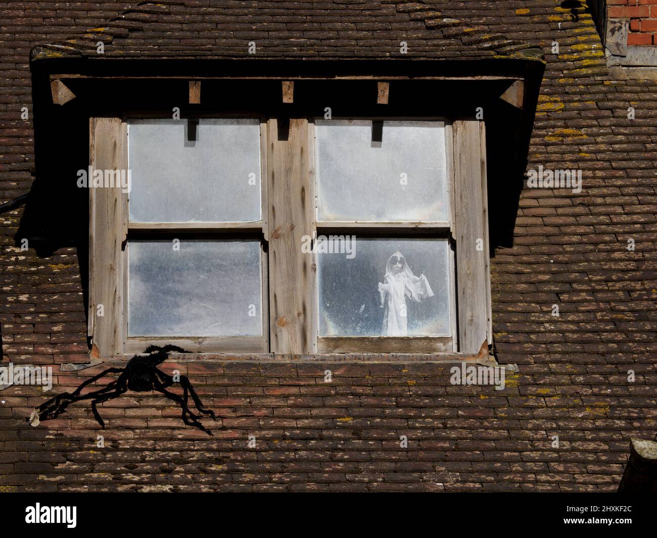 Ghostly figure in the window of a derelict house known locally as the haunted house, Westward Ho!, Devon, UK Stock Photo