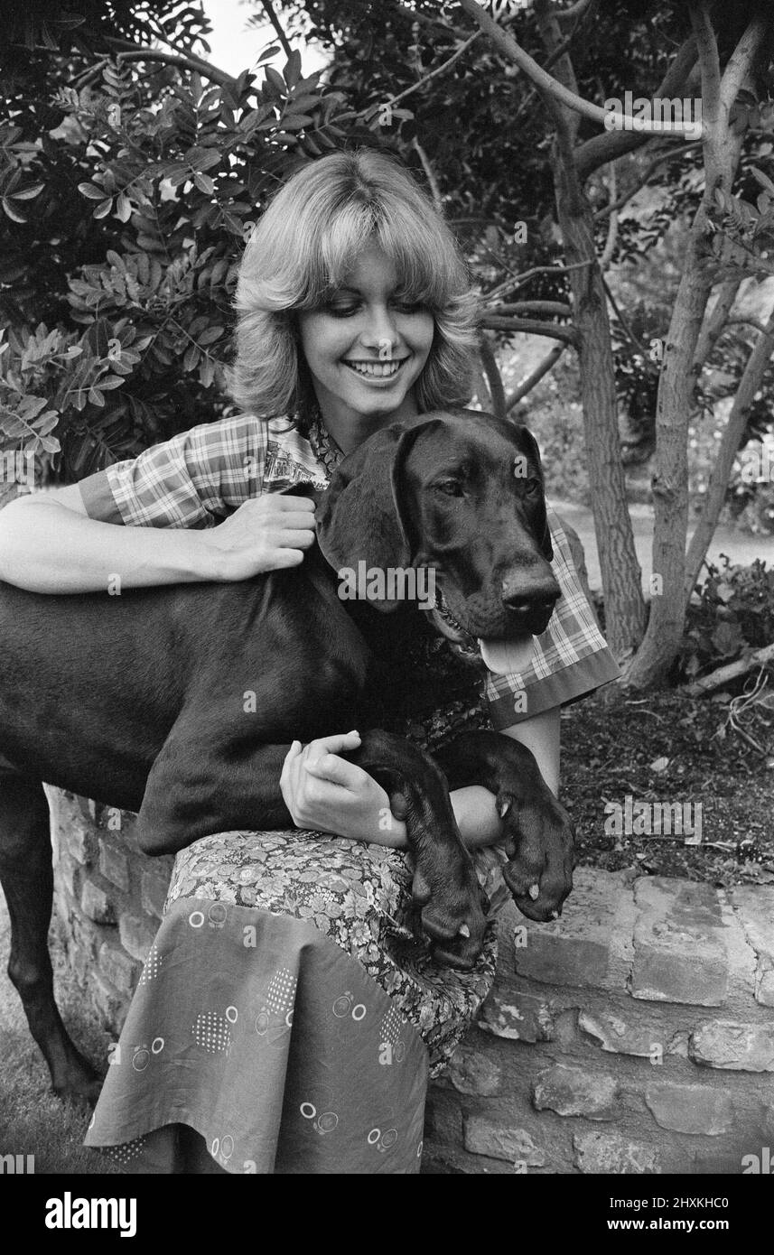 Olivia Newton John, singer and actor, pictured at home in Malibu, California, America.Pictured here with one of her dogs.   Picture taken 25th July 1976 Stock Photo
