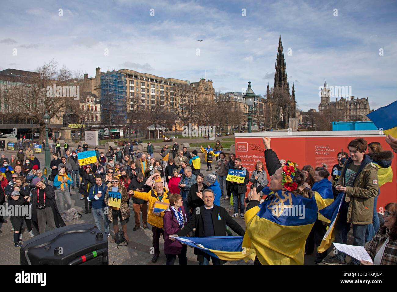 The Mound, Edinburgh, Scotland, UK. 13th March 2022. Protest and solidarity for Ukraine against the invasion from Russian miltary which began on 24th February 2022. Pictured: Alla from Ukraine gives a speech.  Credit Archwhite/alamy live news Stock Photo