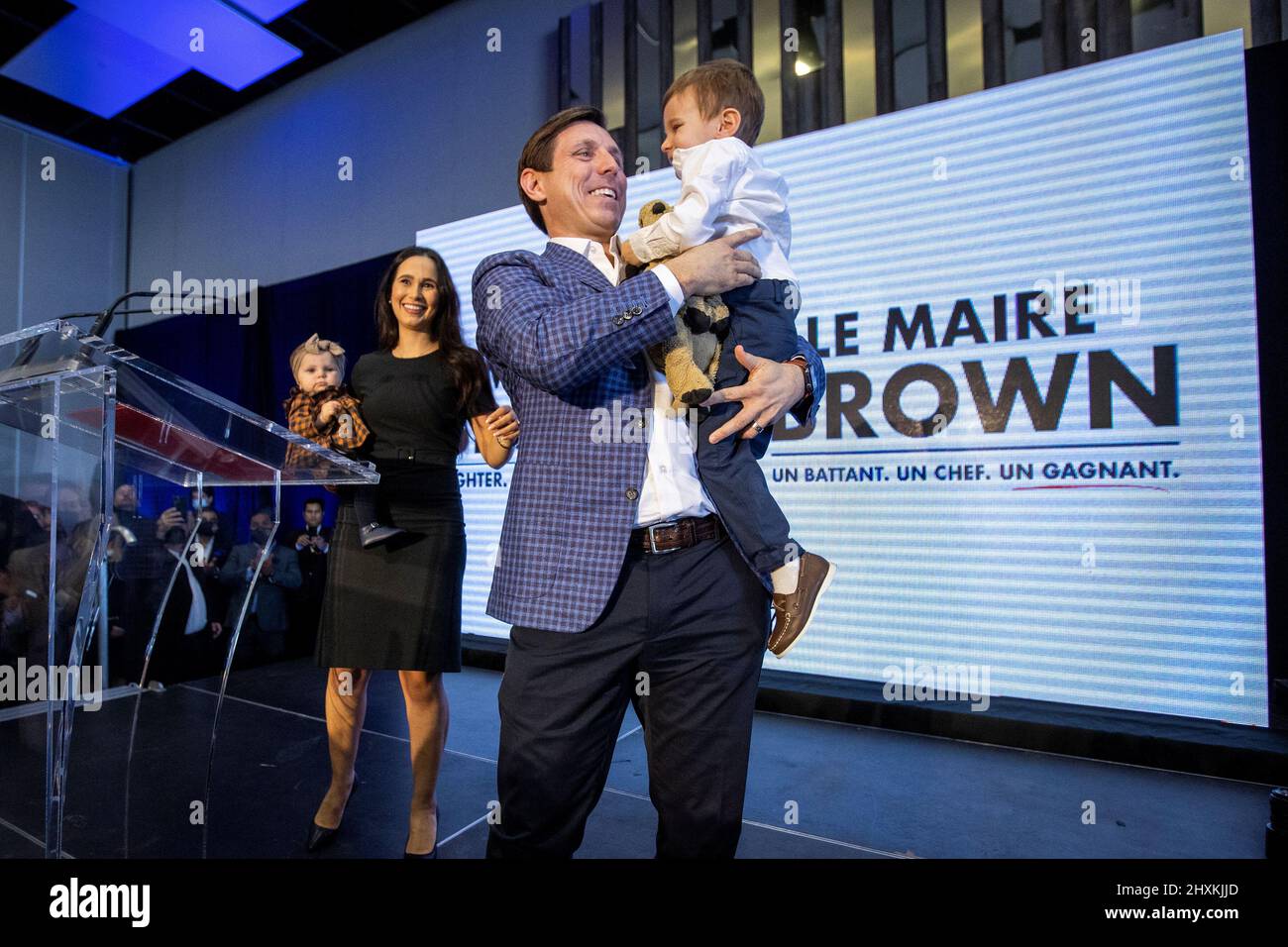 Brampton's Mayor Patrick Brown is joined onstage by his wife Genevieve  Gualtieri and their two kids Savannah Francesca Brown and Theodore Joseph  Gualtieri Brown after he announced that he is entering the