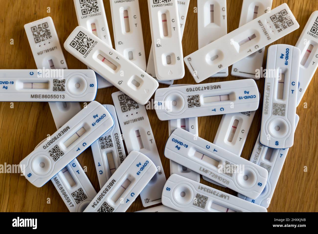 Pile of negative Covid-19 or coronavirus test or testing sticks, UK Stock Photo