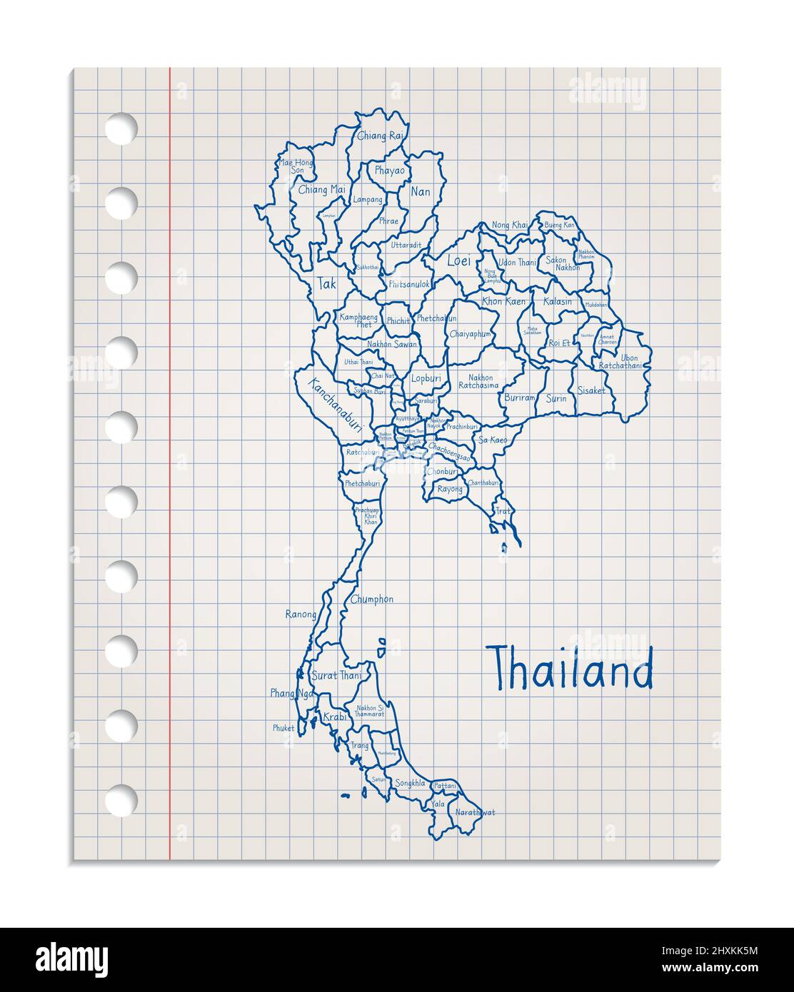 Thailand map on a realistic squared sheet of paper torn from a block vector Stock Vector