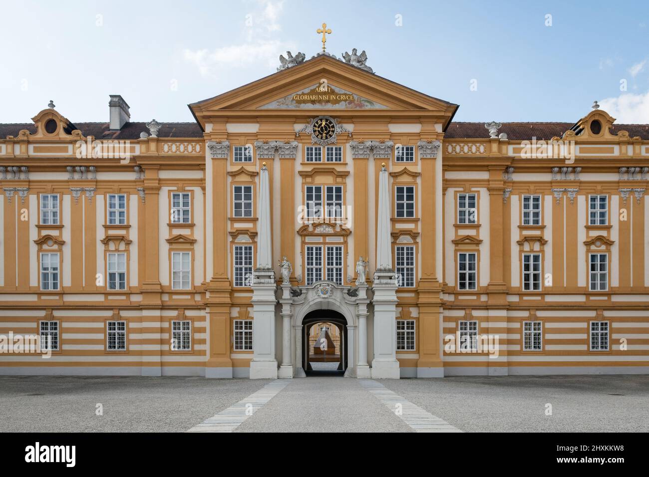 The main entrance to the magnificent Baroque Melk Abbey in the Wachau region of Lower Austria. UNESCO world cultural heritage site Stock Photo