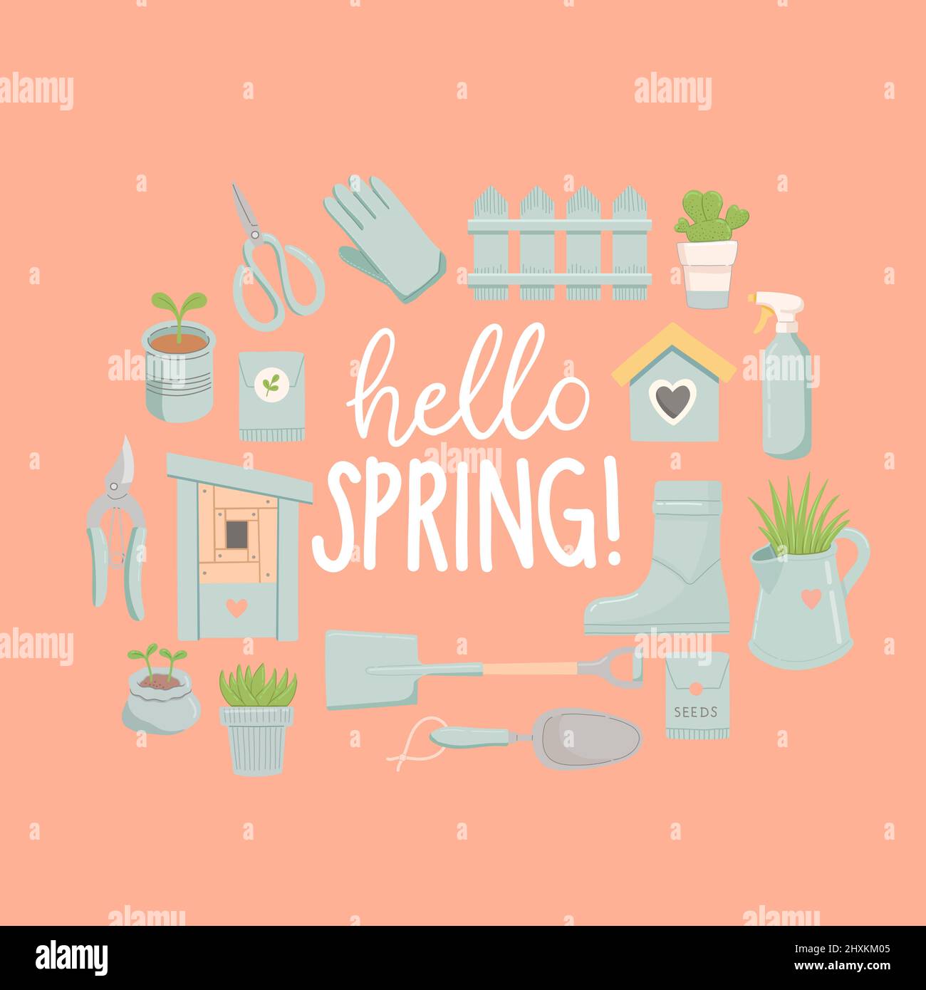 Hello spring, spring set, flat design, vector Stock Vector