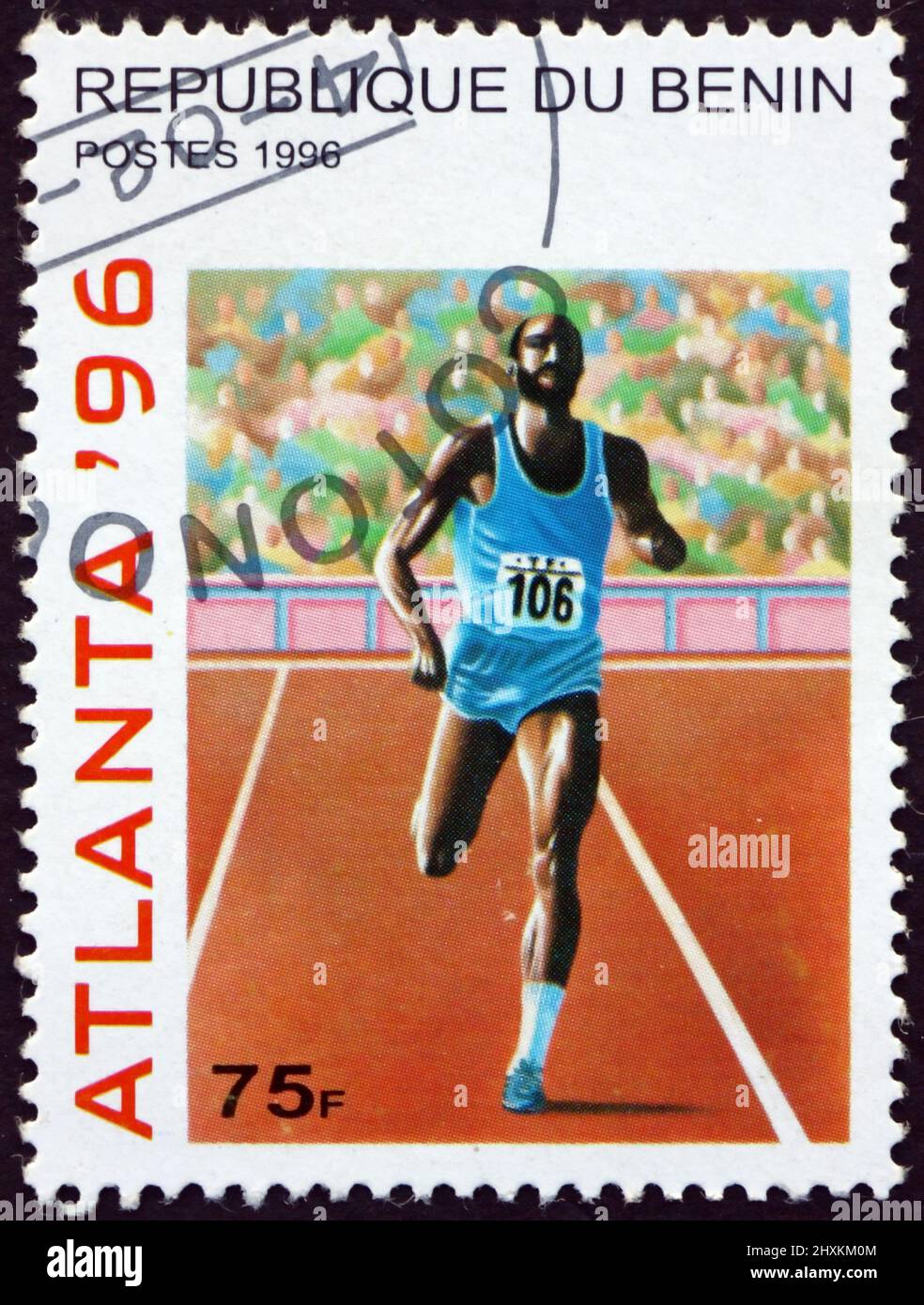 BENIN - CIRCA 1996: a stamp printed in Benin shows running, 1996 Summer Olympic Games, Atlanta, circa 1996 Stock Photo