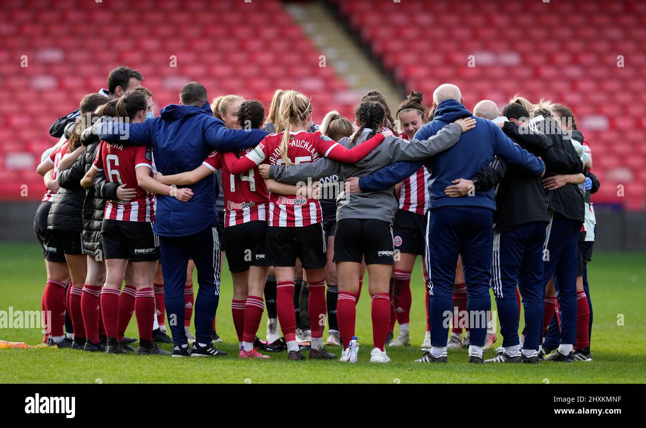 Sheffield, UK. 13th Mar, 2022. Post match squad huddle during the The FA Women's Championship match at Bramall Lane, Sheffield. Picture credit should read: Andrew Yates/Sportimage Credit: Sportimage/Alamy Live News Stock Photo