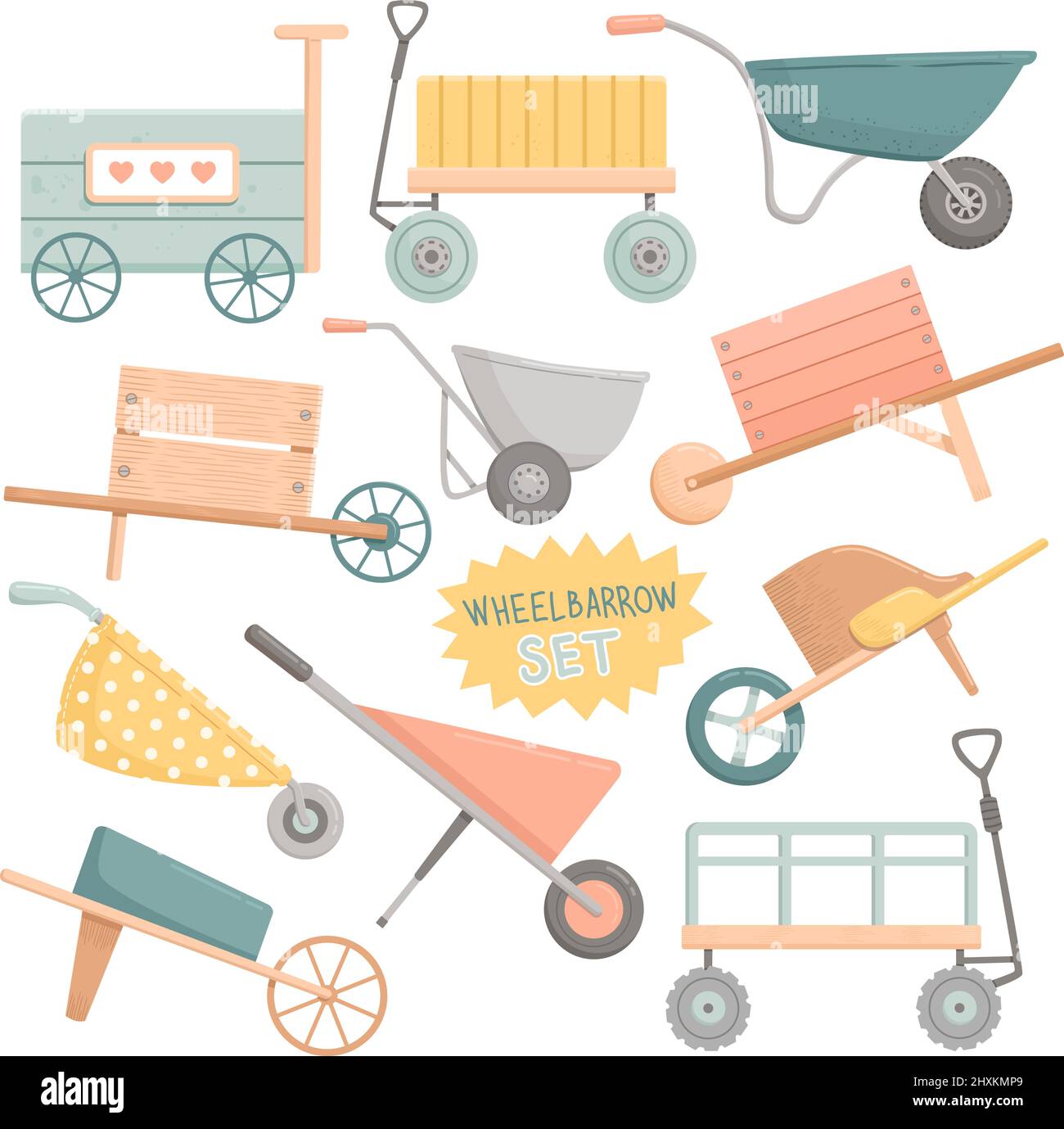 Spring set wheel barrow, wooden, flat, vector Stock Vector