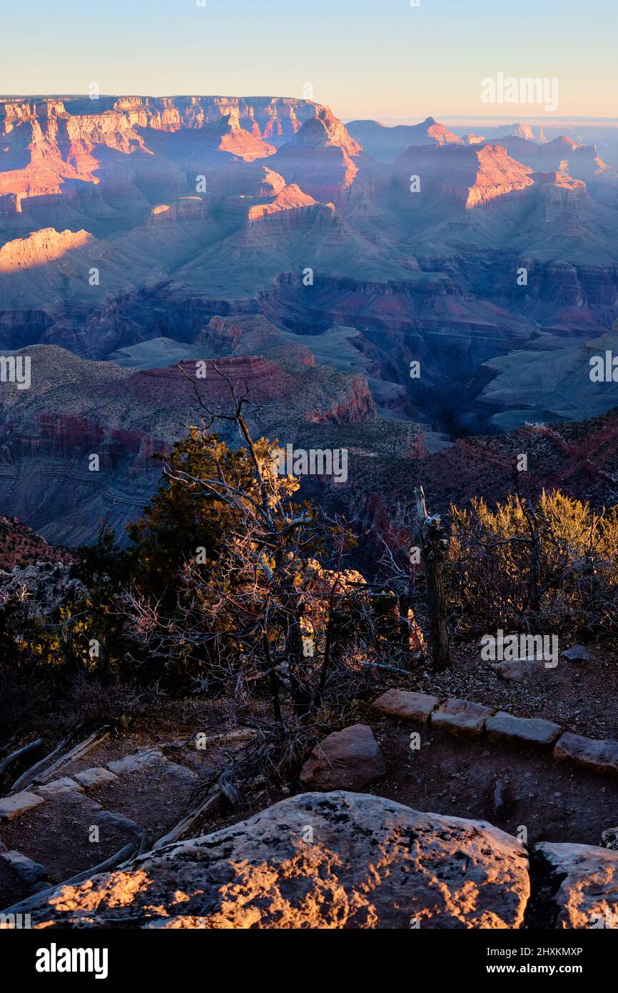 Light my way. December dawn in Grand Canyon National Park. From Grandview Point, layers of rock near North Rim catch first light as well as foreground Stock Photo