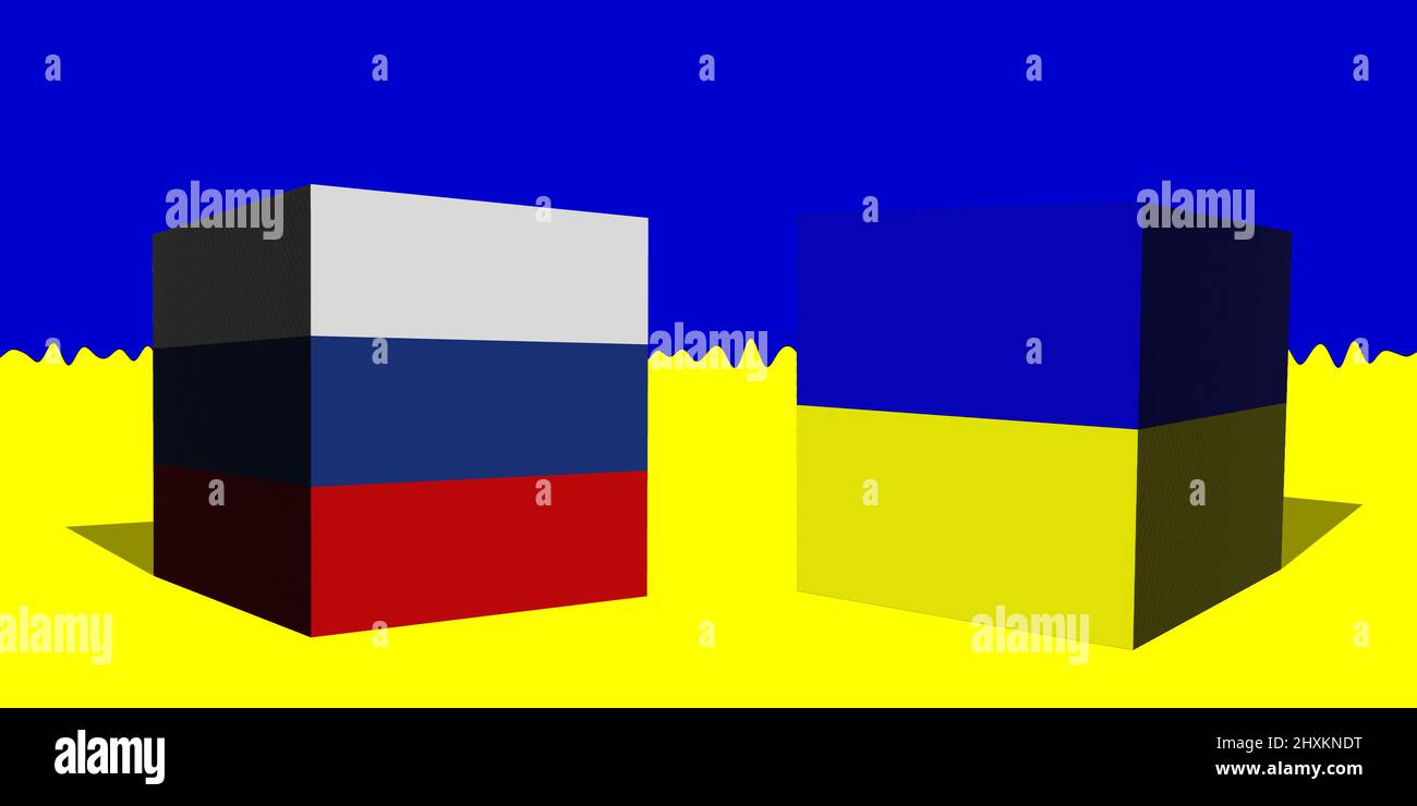 Ukraine Russia. Conflict between Russia and Ukraine war concept. Ukraine flag background. Ukraine and Russia 3D cubes. Horizontal design. Illustration Stock Photo