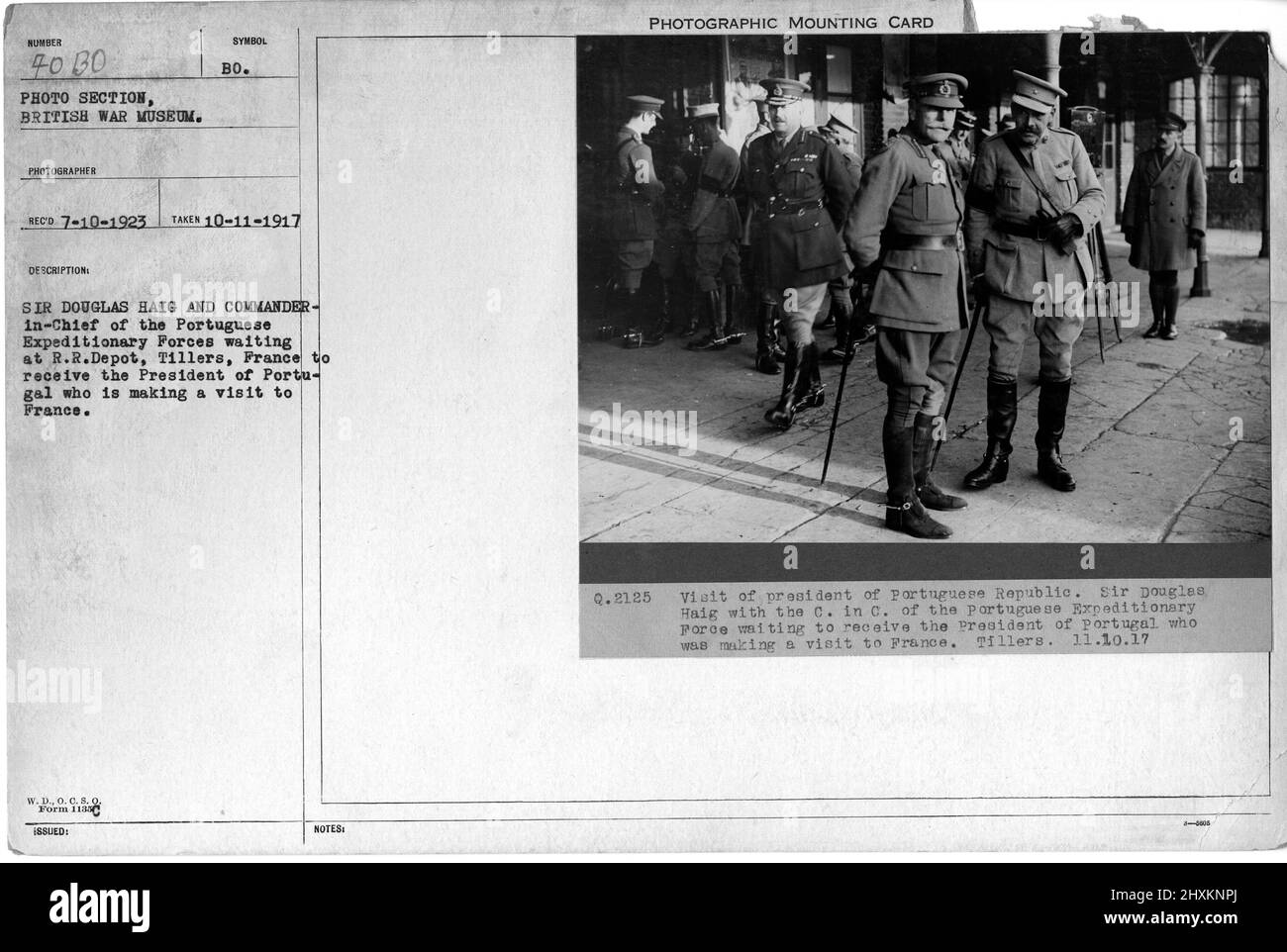 Sir Douglas Haig and Commander-in-Chief of the Portuguese Expeditionary Forces waiting at R.R. Depot, Tillers, France to receive the President of Portugal who is making a visit to France. Collection of World War I Photographs, 1914-1918 that depict the military activities of British and other nation's armed forces and personnel during World War I. Stock Photo
