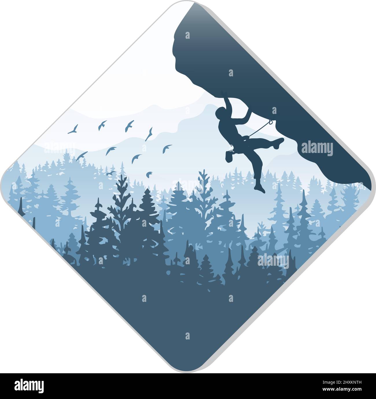 Silhouette of rock climber climbing overhang. Forest and mountains in ...