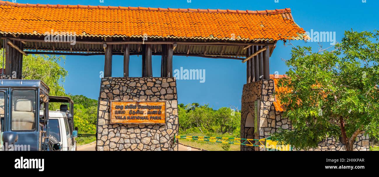 YALA NATIONAL PARK, SRI LANKA - DECEMBER 26. 2021: Entrance gate of the Yala National Park in Sri Lanka Stock Photo