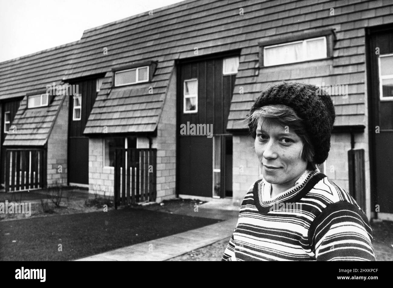 Mrs Elsie Hedley, pictured outside her 'space age' home in Thetford, Glebe Village, Washington. The homes, designed with the intention of keeping energy consumption to a minimum, are presenting shocked tenants with electricity bills of up to £14 a week. 2nd February 1977. Stock Photo