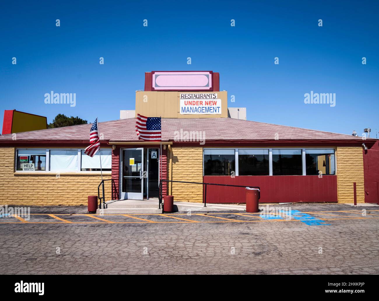 Restaurant with a under new management sign along route 66. Stock Photo