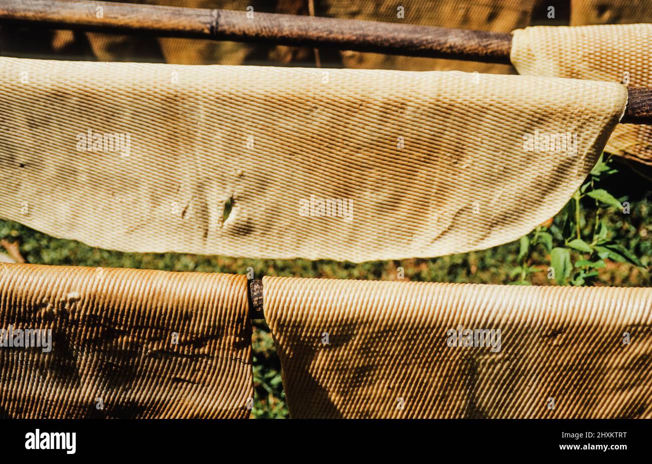 Raw rubber sheets left to dry in the open next to a rubber plantation at Ko Sukorn island in Southern Thailand. Stock Photo