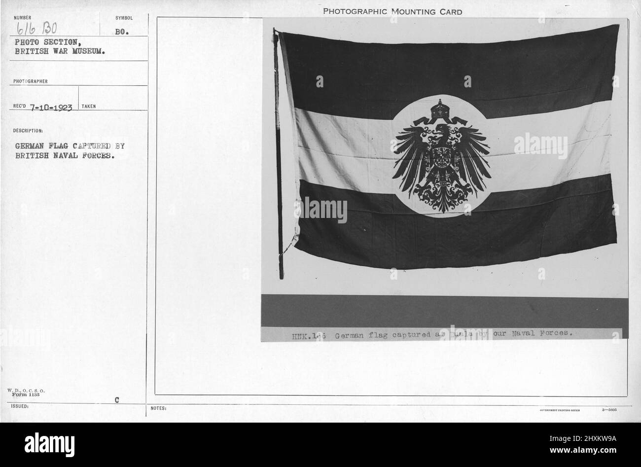 German flag captures by British Naval Forces Collection of World War I Photographs, 1914-1918 that depict the military activities of British and other nation's armed forces and personnel during World War I. Stock Photo