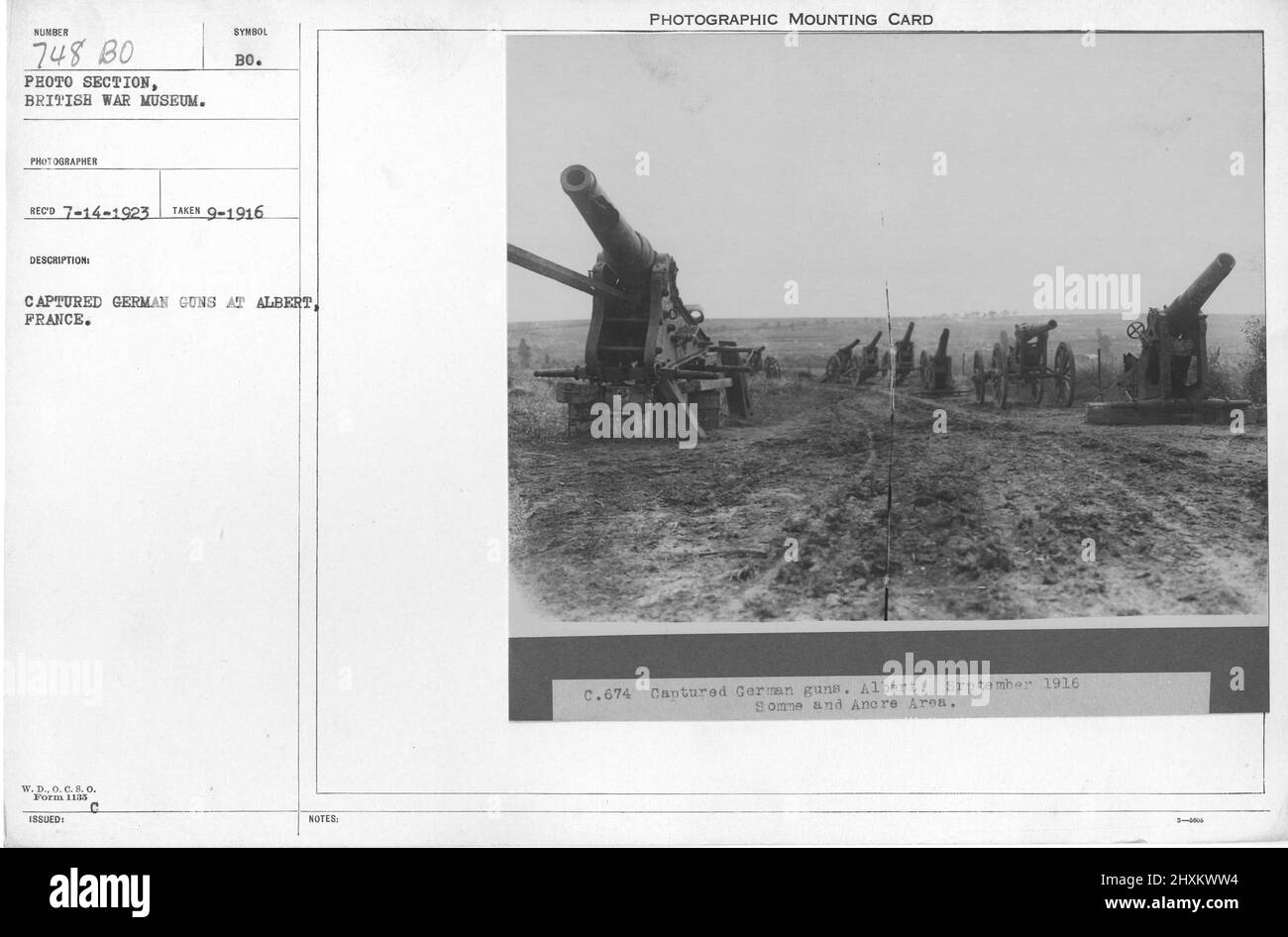 Captured German guns at Albert, France. September 1916. Collection of World War I Photographs, 1914-1918 that depict the military activities of British and other nation's armed forces and personnel during World War I. Stock Photo