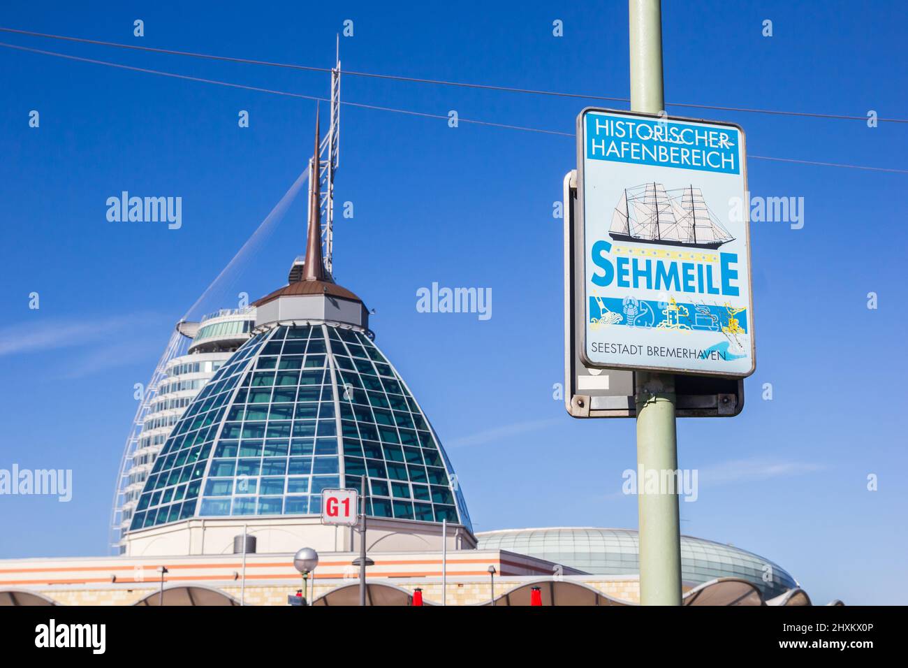 Tourist sign in the historic harbor of Bremerhaven, Germany Stock Photo
