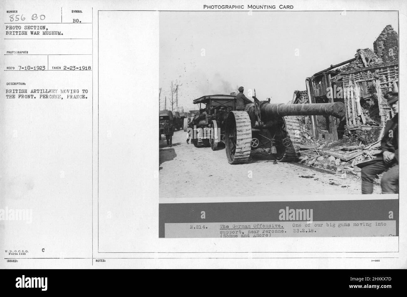British artillery moving to the front. Peronne, France. 2-23-1918. Collection of World War I Photographs, 1914-1918 that depict the military activities of British and other nation's armed forces and personnel during World War I. Stock Photo
