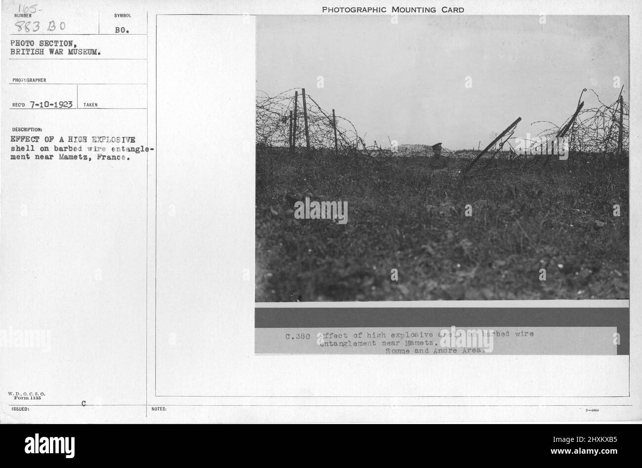 Effect of high explosive shell on barbed wire entanglement near Mametz, France. Collection of World War I Photographs, 1914-1918 that depict the military activities of British and other nation's armed forces and personnel during World War I. Stock Photo