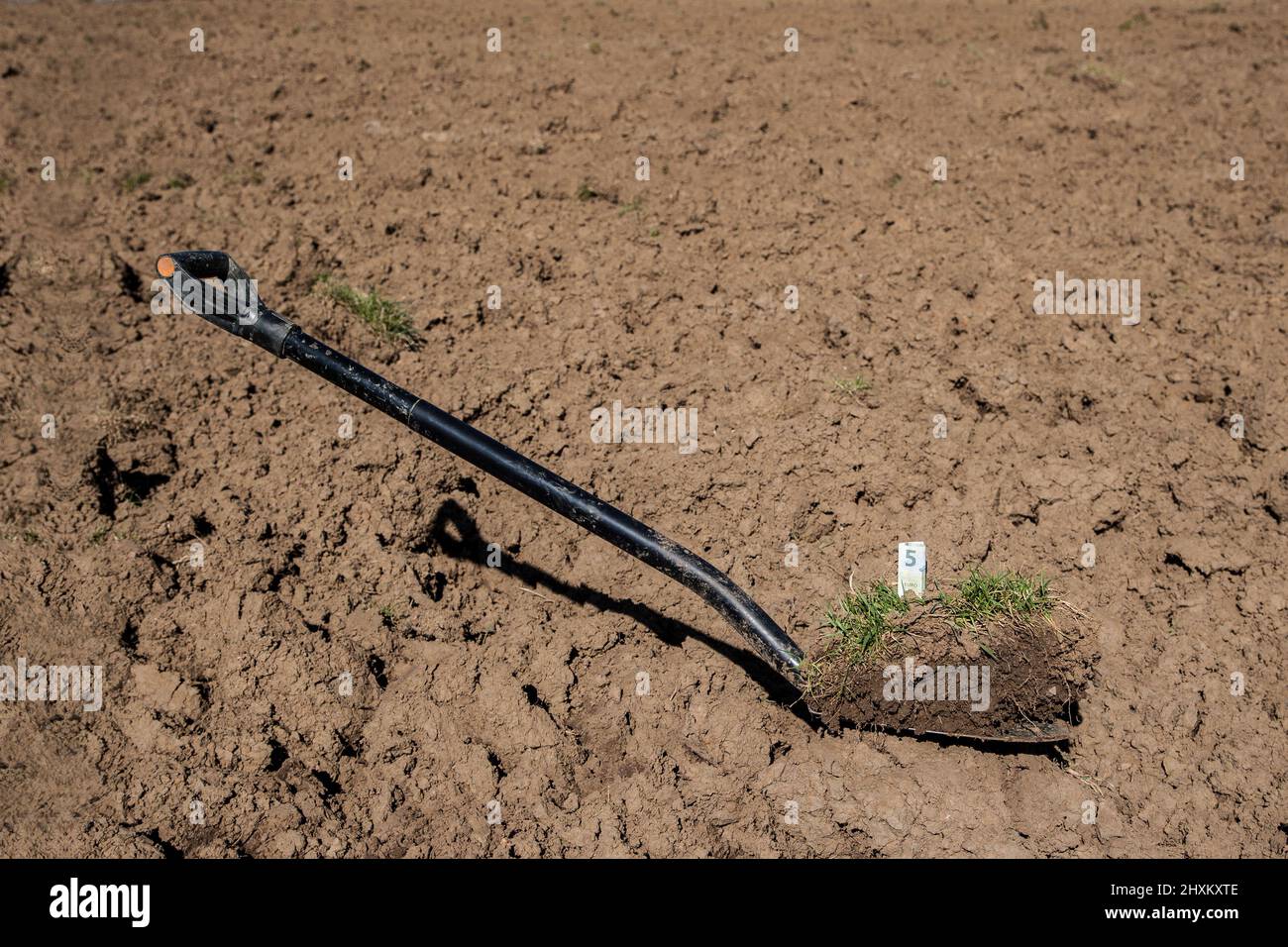 A valuable shovel. The demand for land is increasing worldwide and the purchase price for arable land has increased by an average of 187 percent over Stock Photo