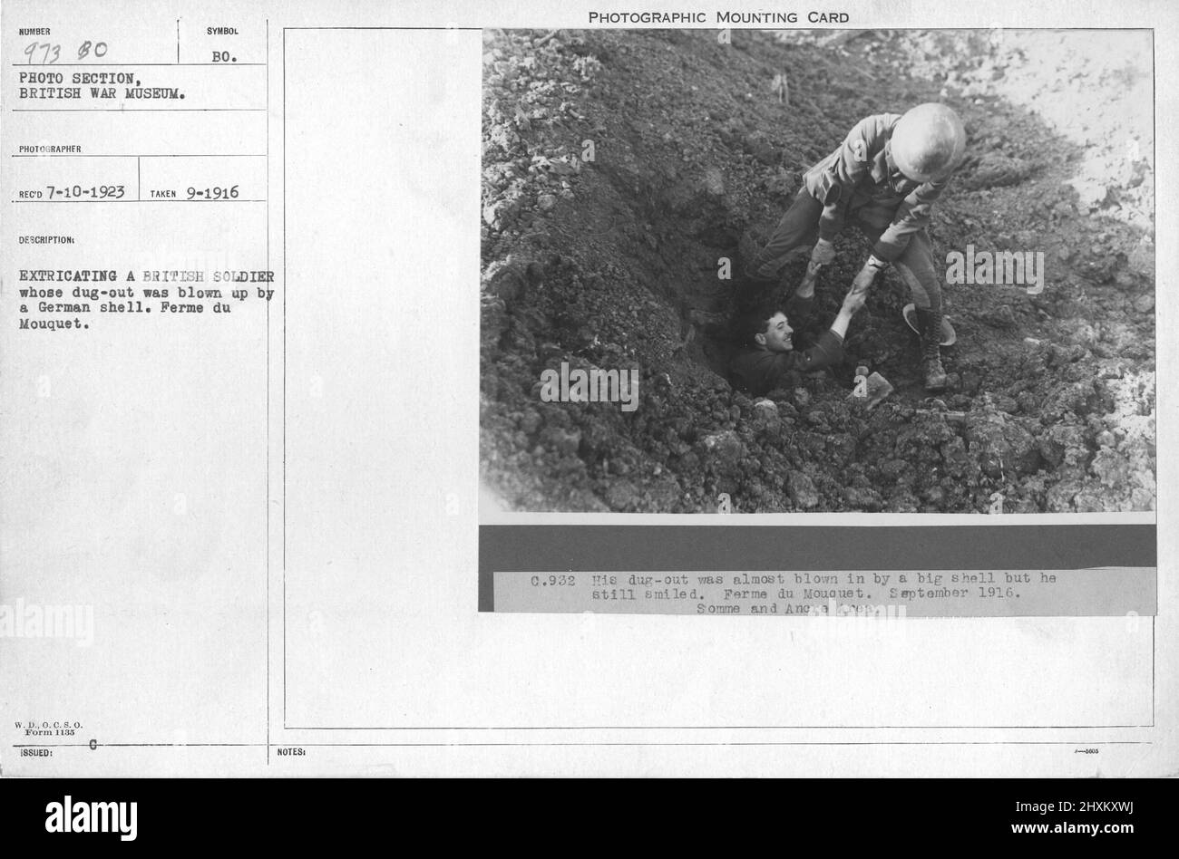 Extricating a British soldier whose dug-out was blown up by a German shell. Ferme du Mouquet. Collection of World War I Photographs, 1914-1918 that depict the military activities of British and other nation's armed forces and personnel during World War I. Stock Photo