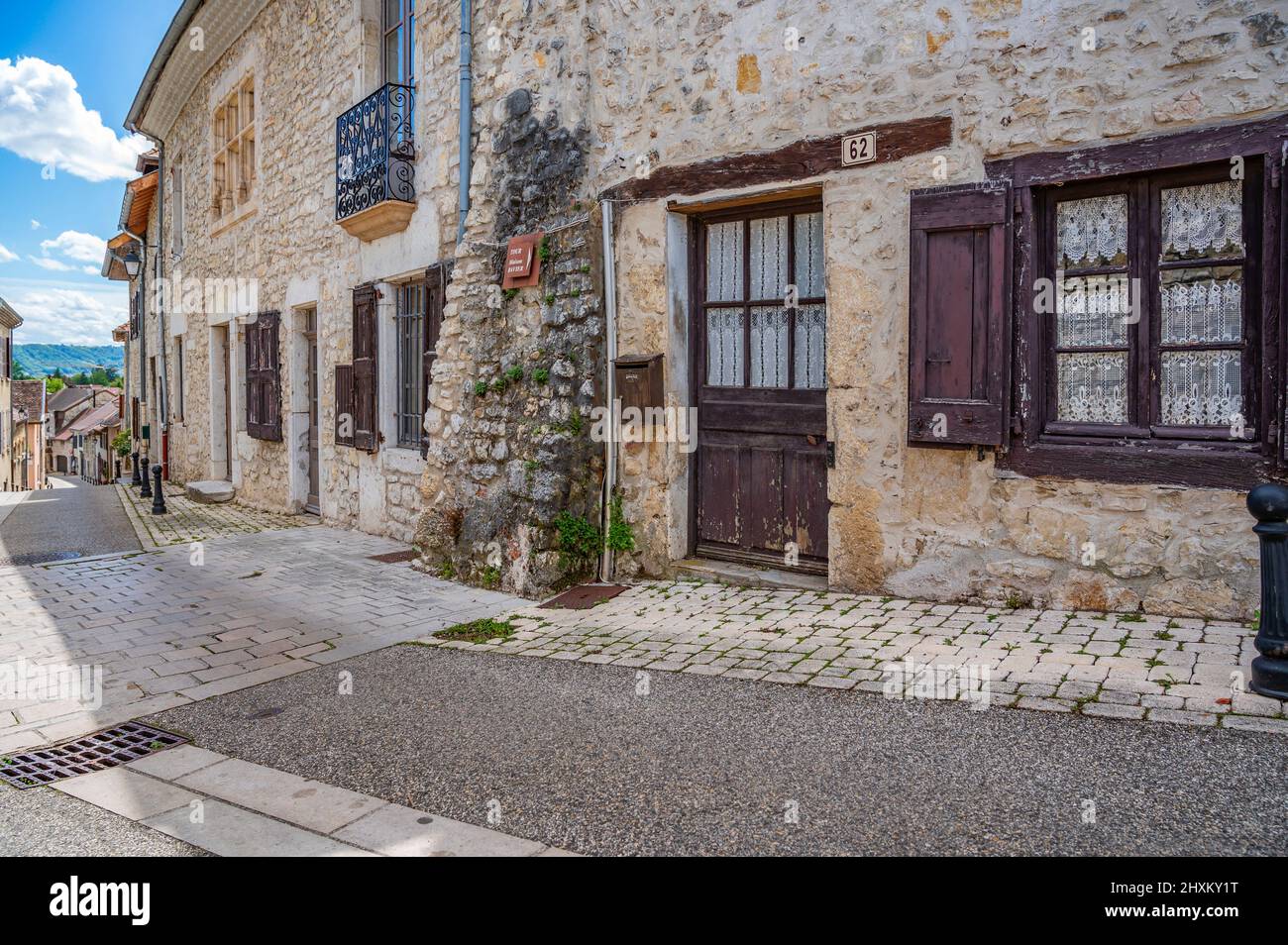 Rue Blanche, one of the main medieval streets of Morestel, France Stock Photo