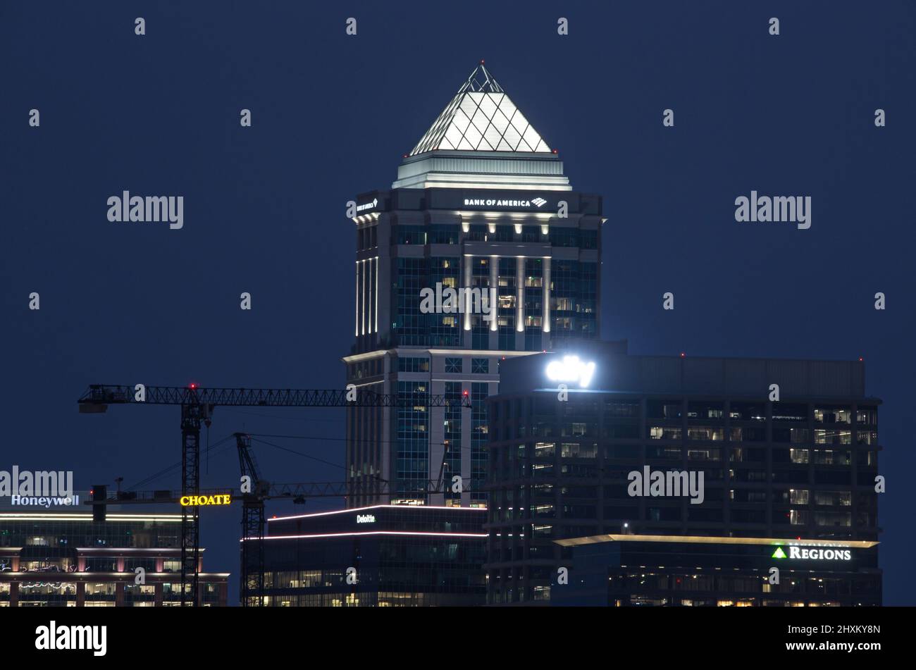 Closeup of modern skyscrapers in downtown Charlotte, North Carolina at night. Stock Photo