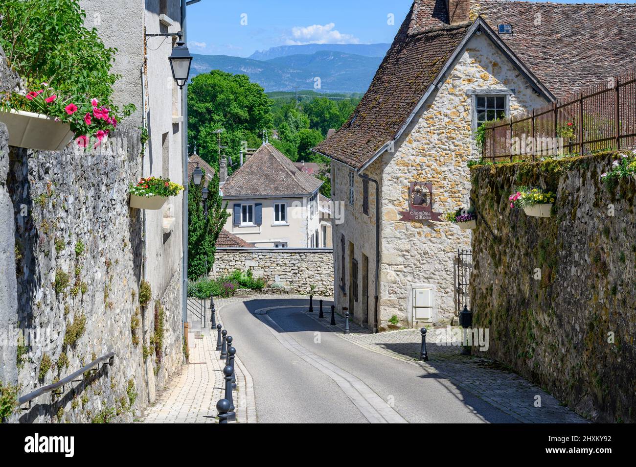 Rue Blanche in the old town of Morestel, France Stock Photo